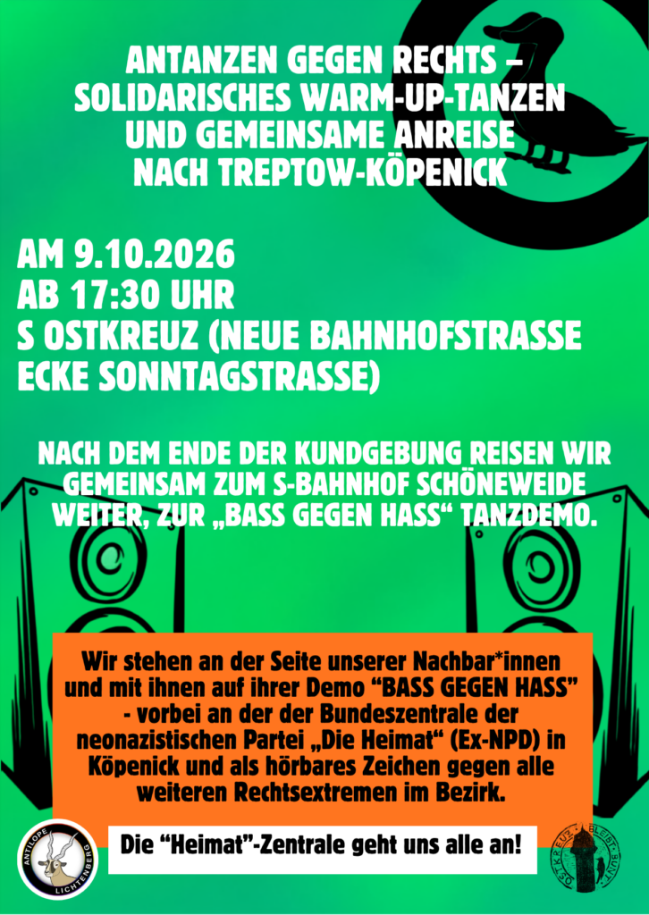 Die "Heimat" Zentrale geht uns alle an! Wir stehen an der Seite unserer Nachbar*innen und mit ihnen auf ihrer Demo "Bass gegen Hass" – vorbei an der Bundeszentrale der neonazistischen Partei "Die Heimat" (Ex-NPD) in Köpenick.